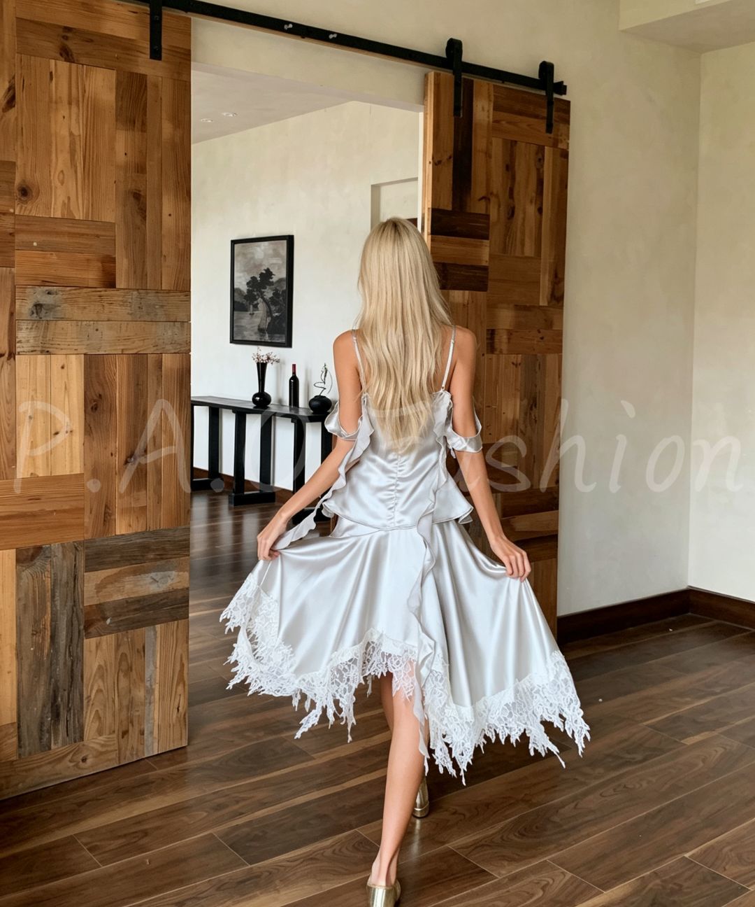 Pearl Satin Cowl Neck Top & Asymmetric Lace Skirt Set