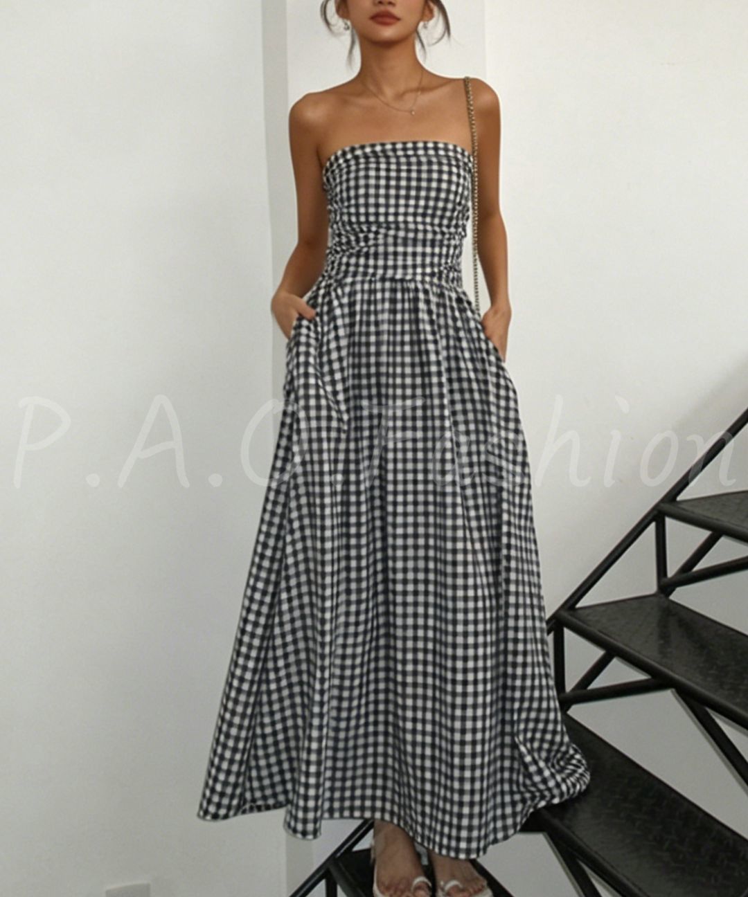 Gingham Strapless Maxi Dress