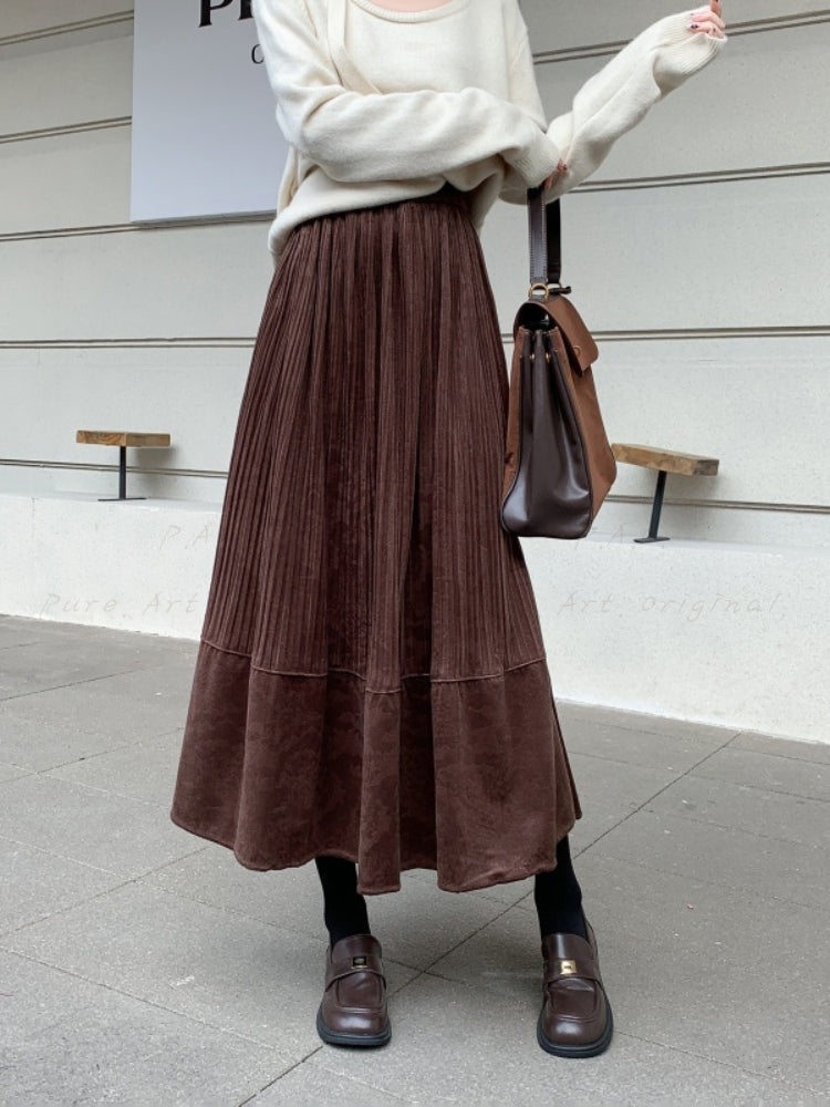 Vintage Suede-Like Pleated A-Line Skirt