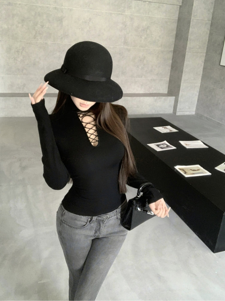 High-Neck Cutout Design Long Sleeve T-Shirt