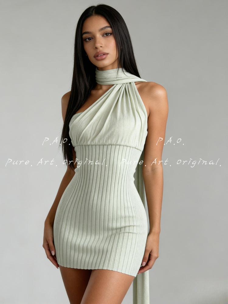 Asymmetrical Halter Tie Ribbed Bodycon Mini Dress