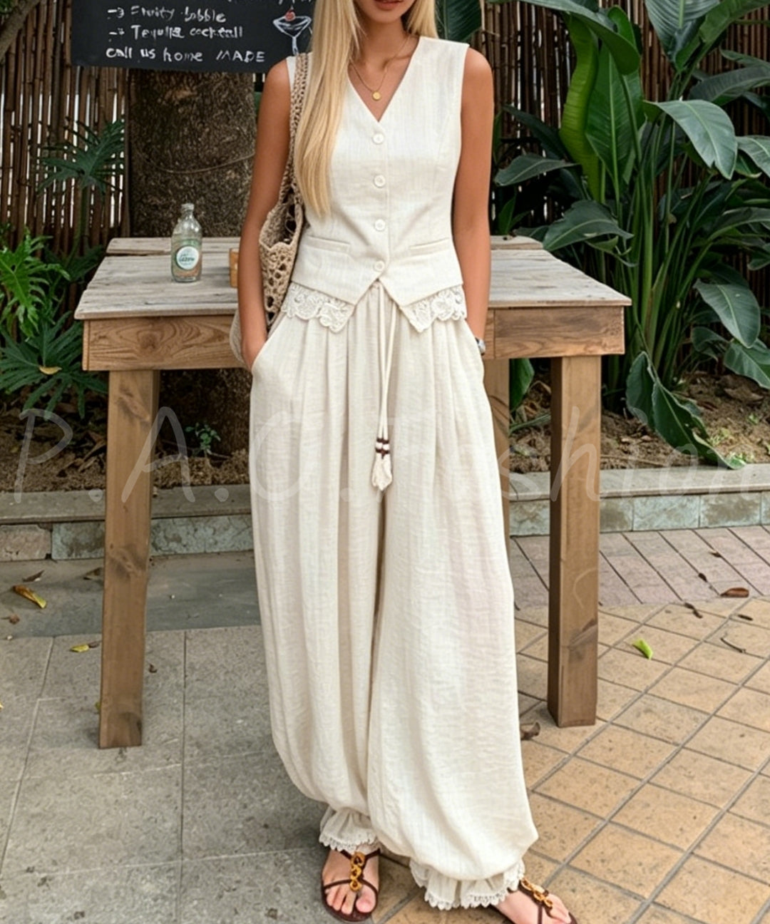Bohemian Lace Trim Vest & Lantern Pants Set[Available Now]