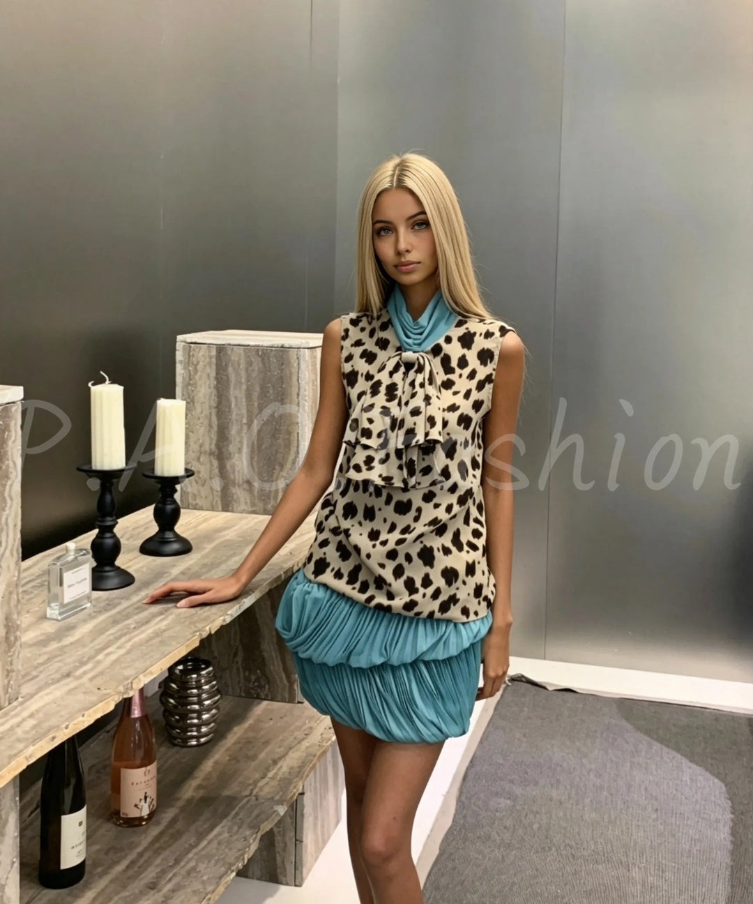 Leopard Print Sleeveless Blouse & Pleated Bubble Mini Skirt Two-Piece Set
