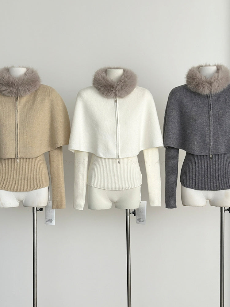 Detachable Faux Fox Fur Collar Cape Sweater Set (Multi-Way Styling)