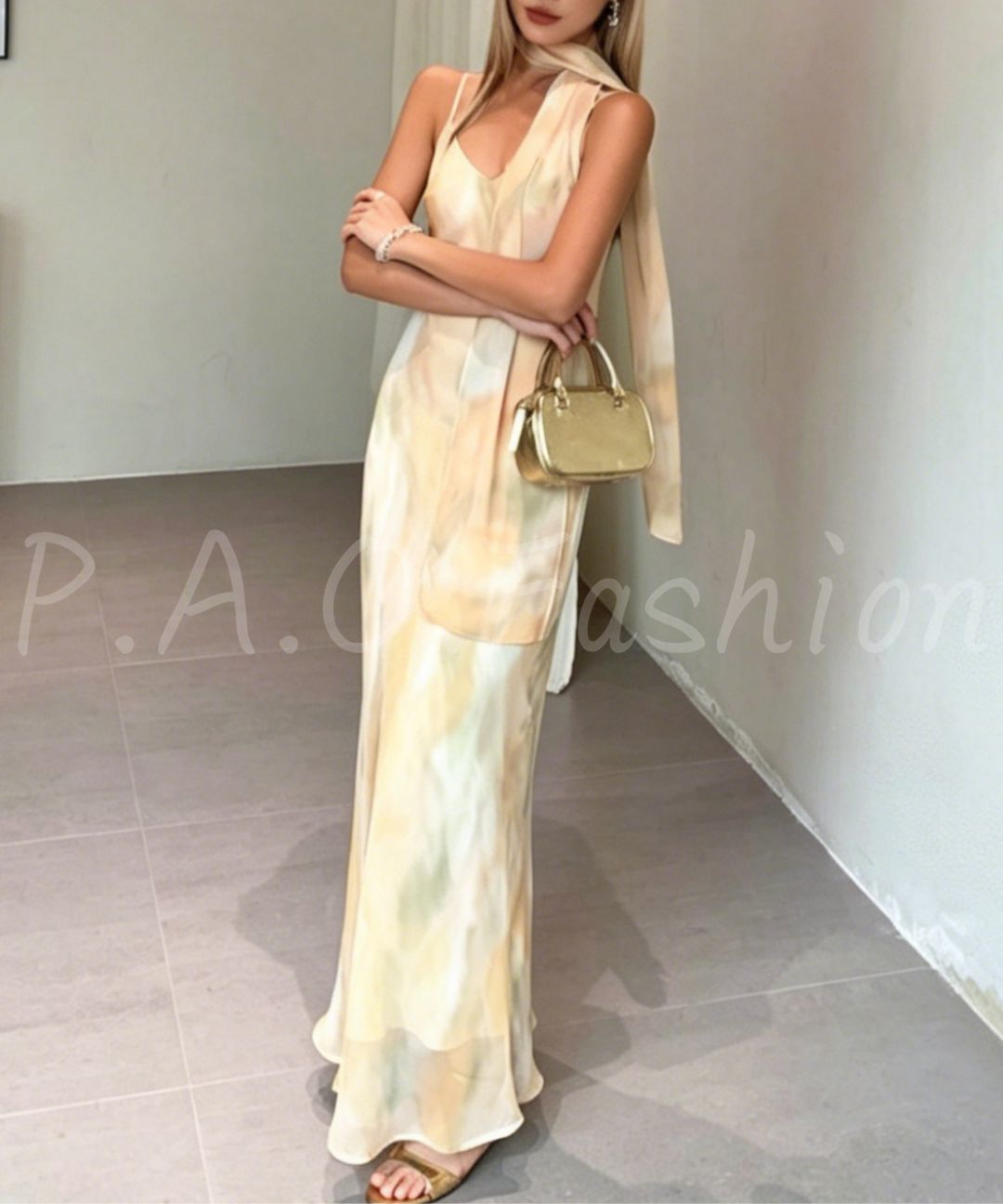 Watercolor Print Scarf-Tie Mermaid Maxi Dress