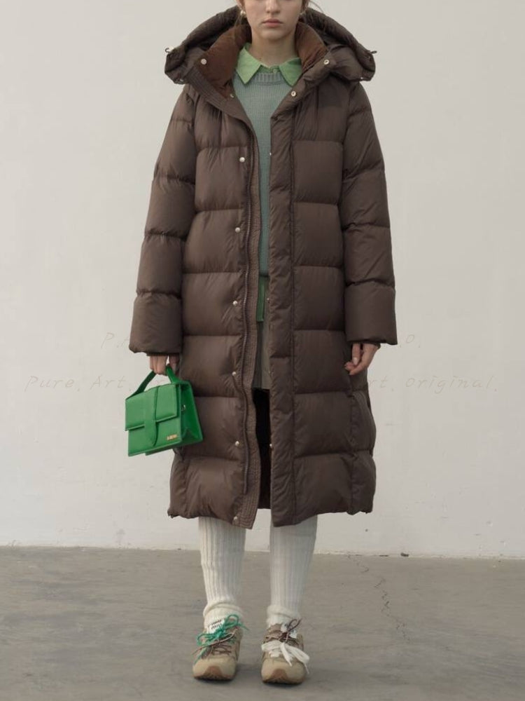 Minimalist Long Down Coat with Detachable Hood