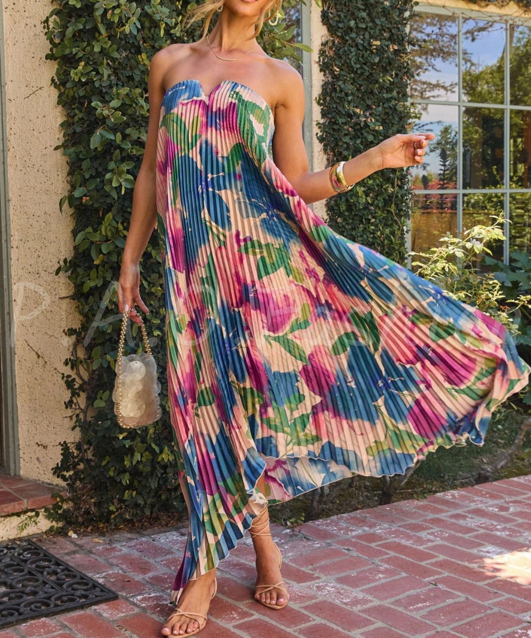 Watercolor Pleated Strapless Maxi Dress[Available Now]