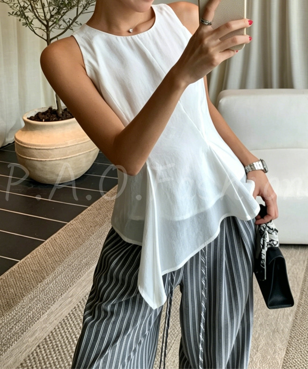 Asymmetrical Waist-Detail Sleeveless Top & Striped Wide-Leg Two-Piece Set