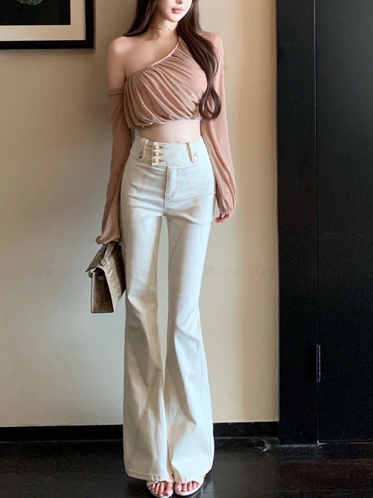 Gold-Button Contrast Stitch Stretch Flared Jeans