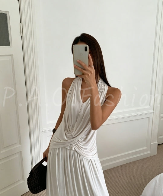 Halter Twist Top & High-Waisted Flowy Skirt Set