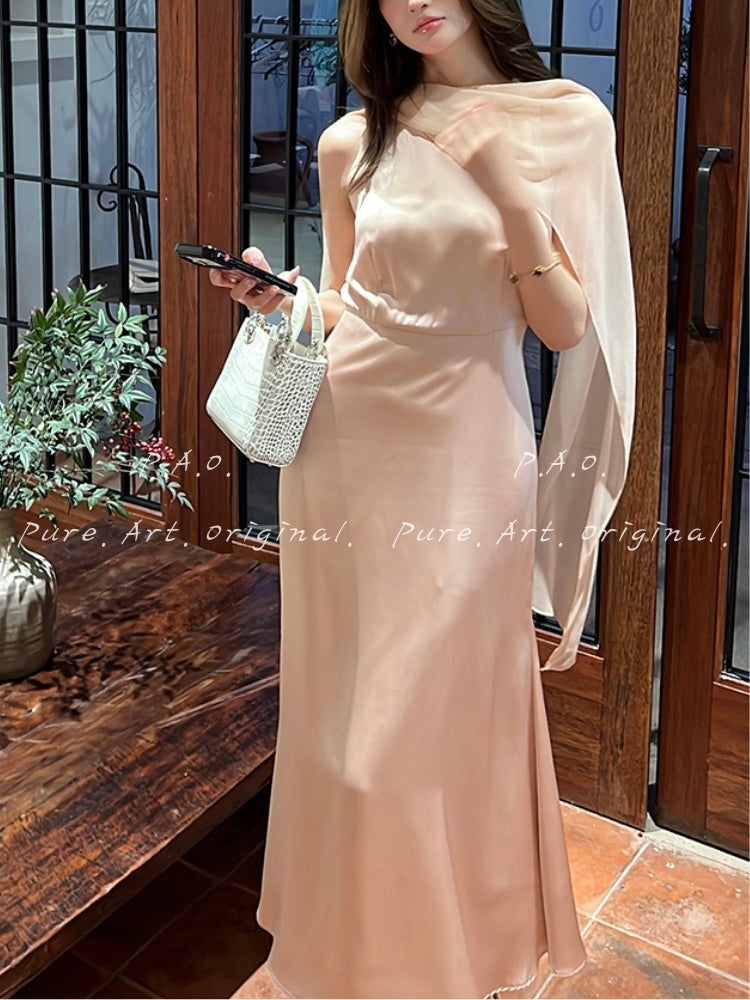 Asymmetric Satin Ribbon Mermaid Maxi Dress