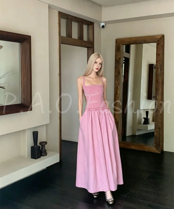 Vintage Washed Square Neck Maxi Dress with Belt