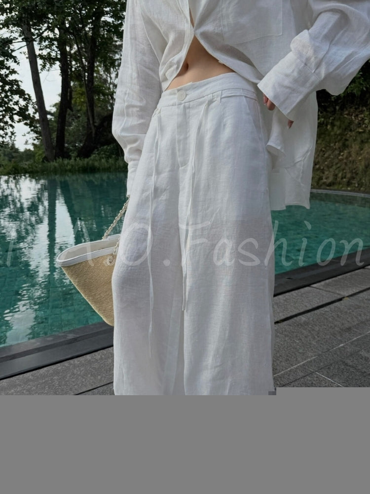 French Relaxed Linen Drawstring Wide-Leg Pants