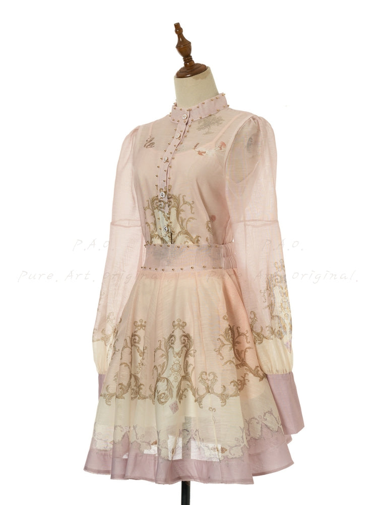 Vintage Print Collar Top & Flared Mini Skirt 3-Piece Set