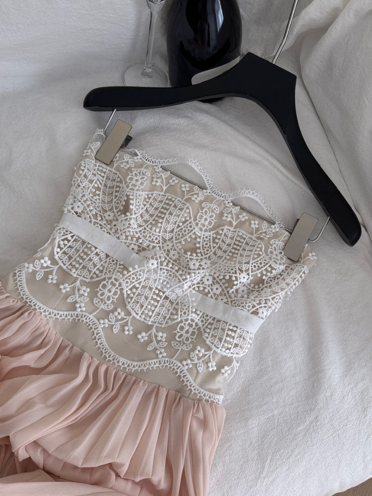 Lace Trim Pleated Strapless Midi Dress