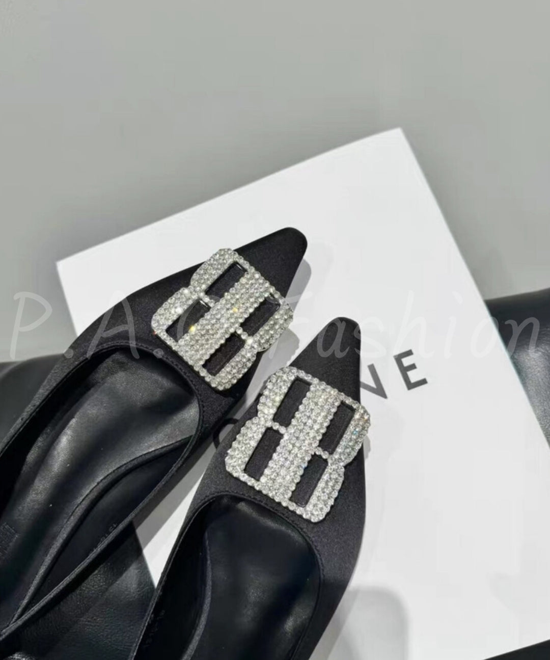 Pointed-Toe Satin Flats with Rhinestone Buckle