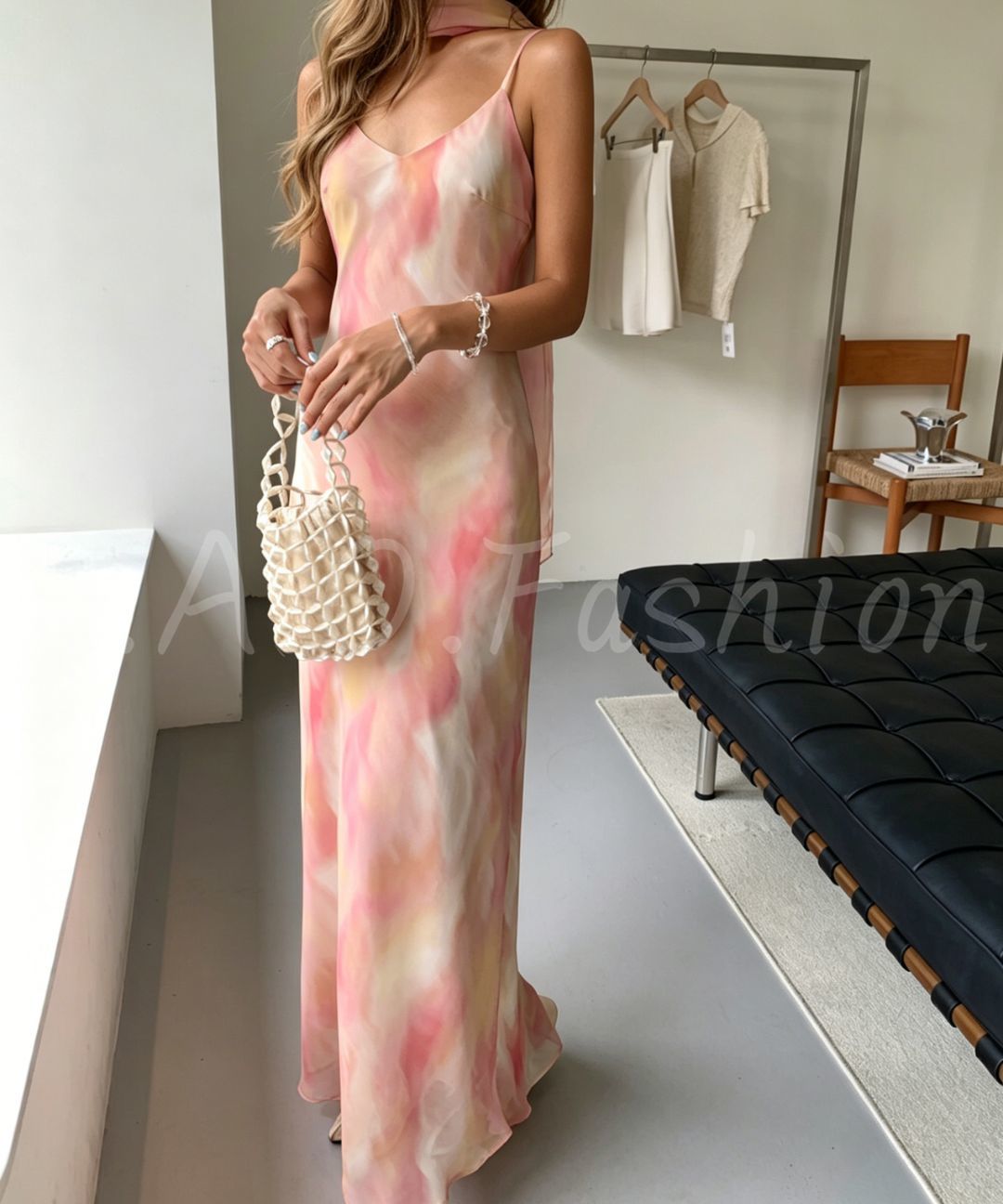 Watercolor Print Scarf-Tie Mermaid Maxi Dress