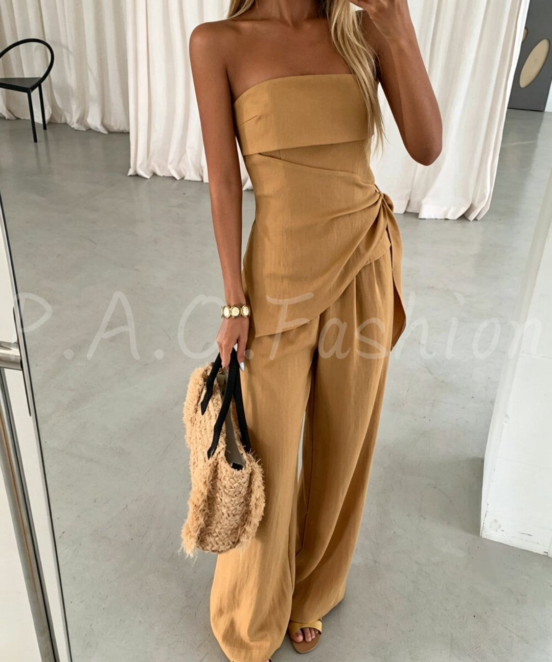 Twist-Front Strapless Wide-Leg Pants Set[Available Now]