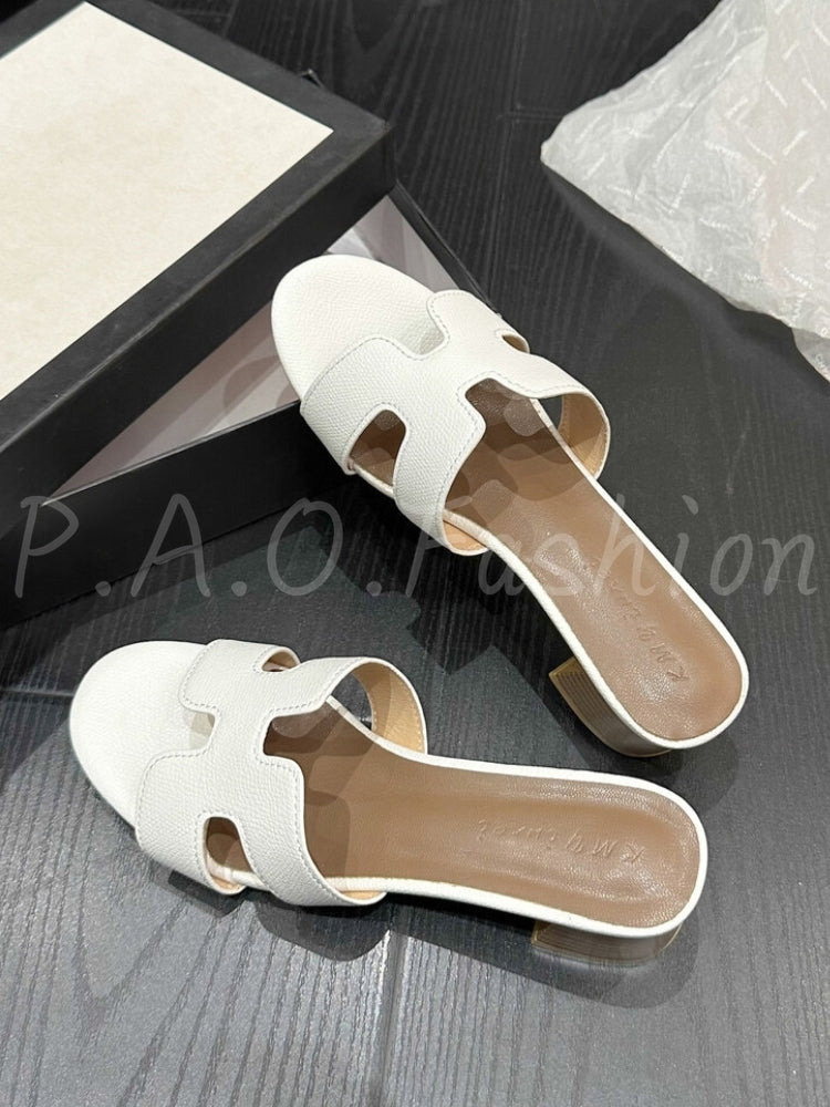 Classic H-Strap Square-Toe Block Heel Slide Sandals