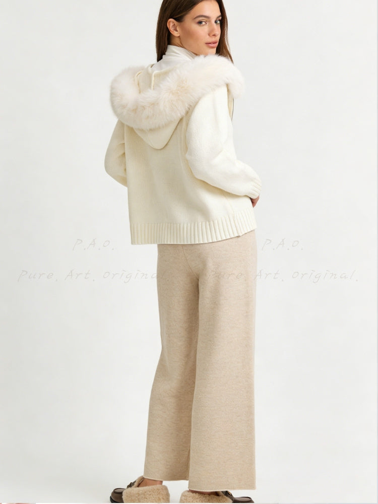 Large Faux Fox Fur Hooded Zip-Up Cardigan