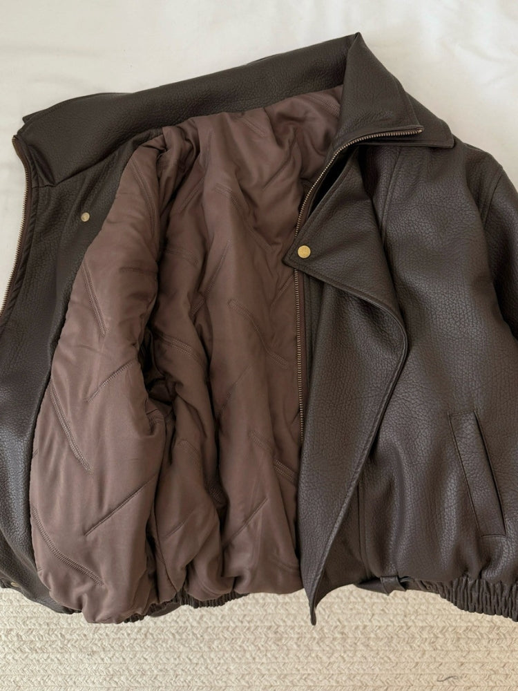 Thick Padded Motorcycle-Style Faux Leather Jacket