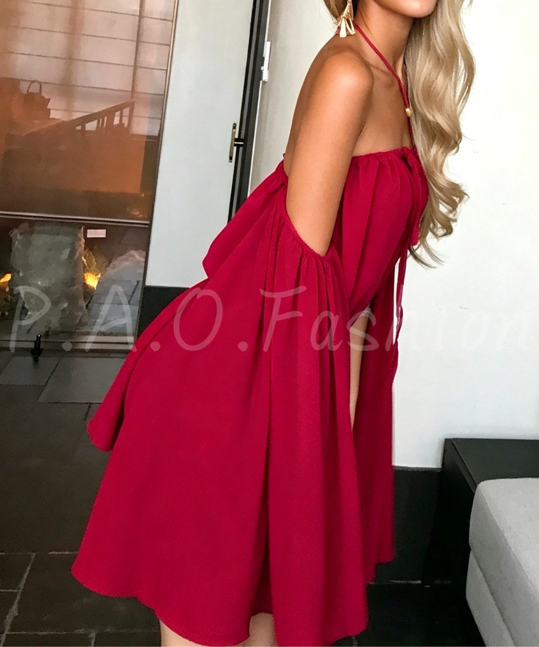 Burgundy Halter Off-Shoulder Chiffon Mini Dress