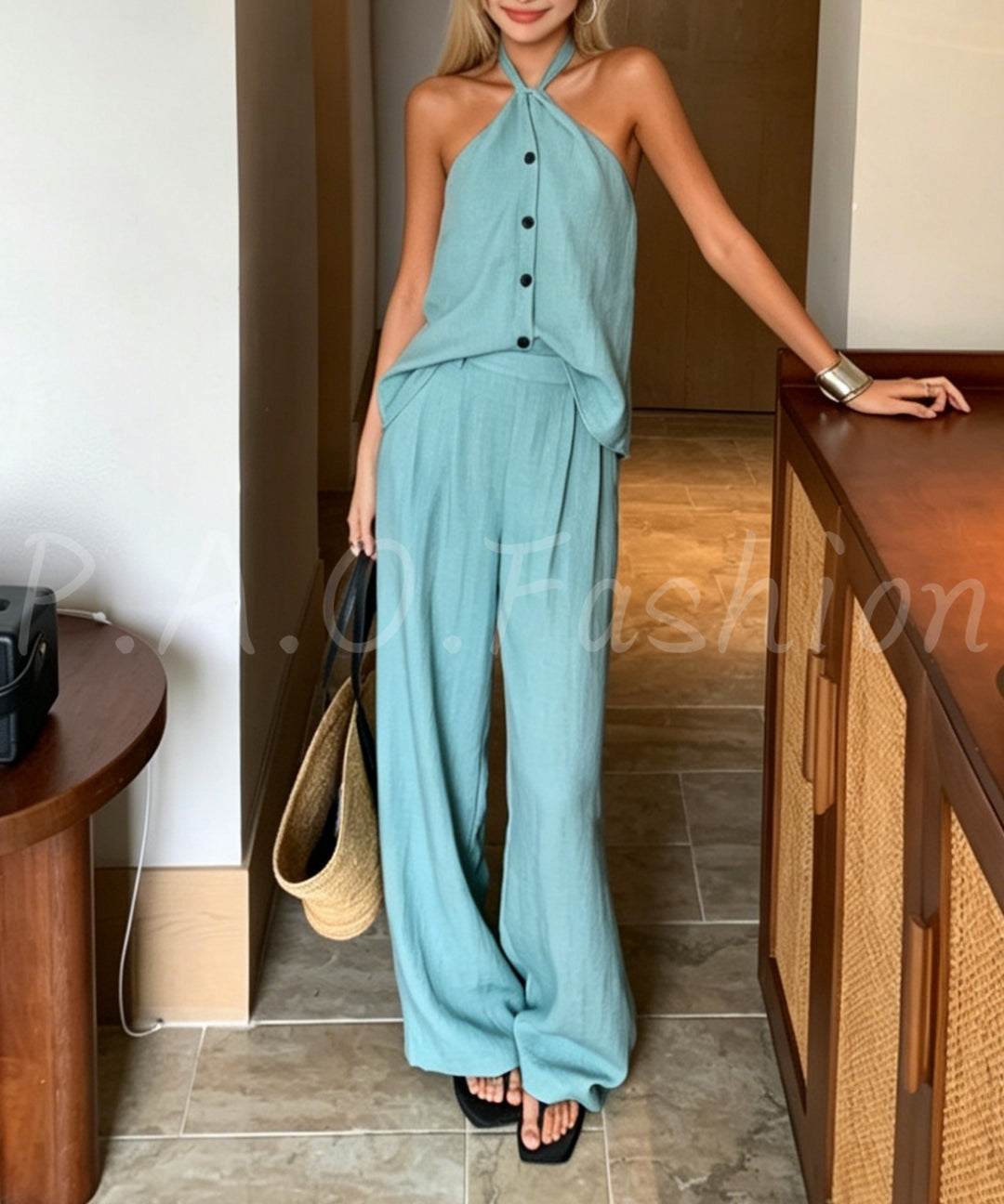 Halter Tie Wide-Leg Pants Set[Available Now]