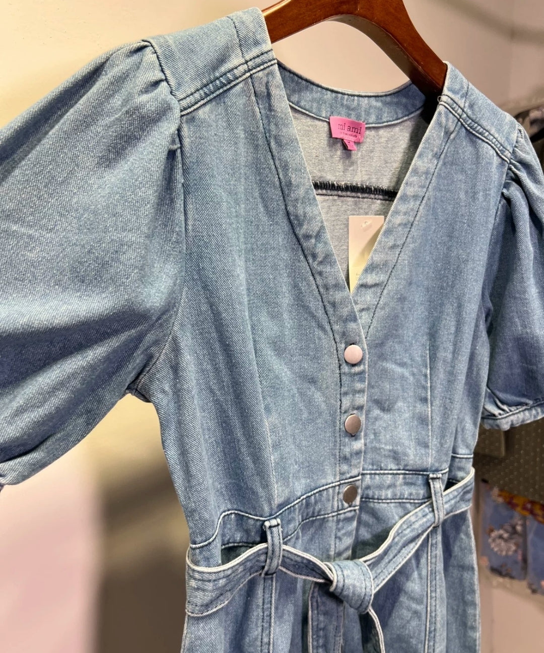V-Neck Puff Sleeve Denim Mini Dress
