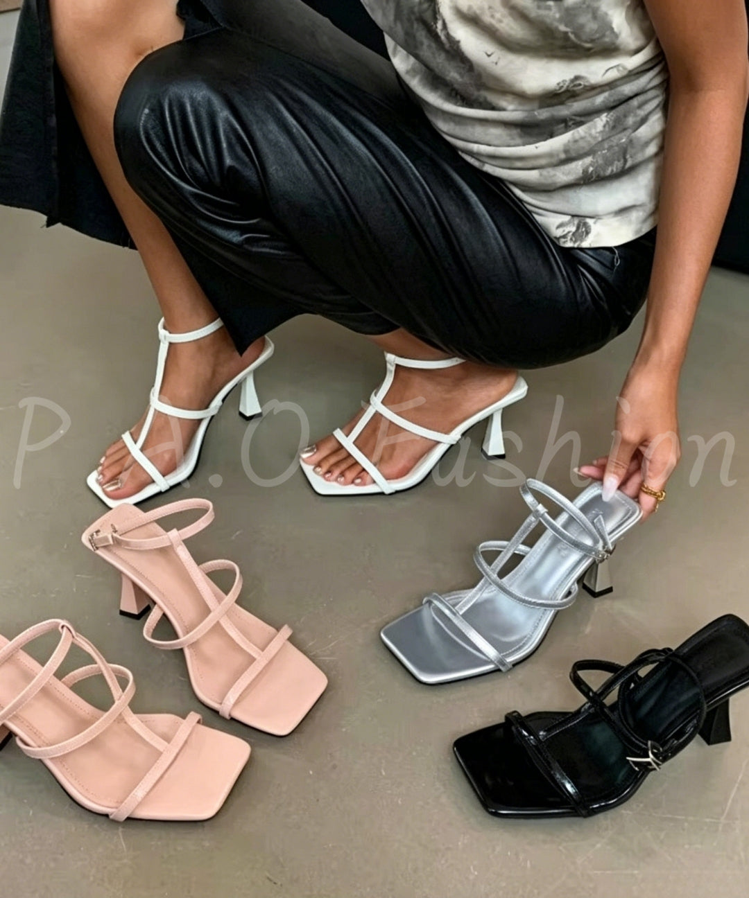 Square-Toe T-Strap Heeled Sandals