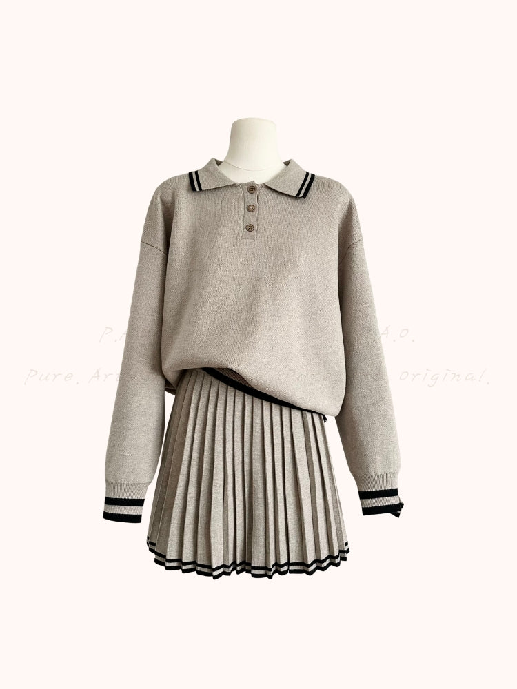 Relaxed Polo-Collar Sweatshirt & High-Waist Pleated Mini Skirt Set
