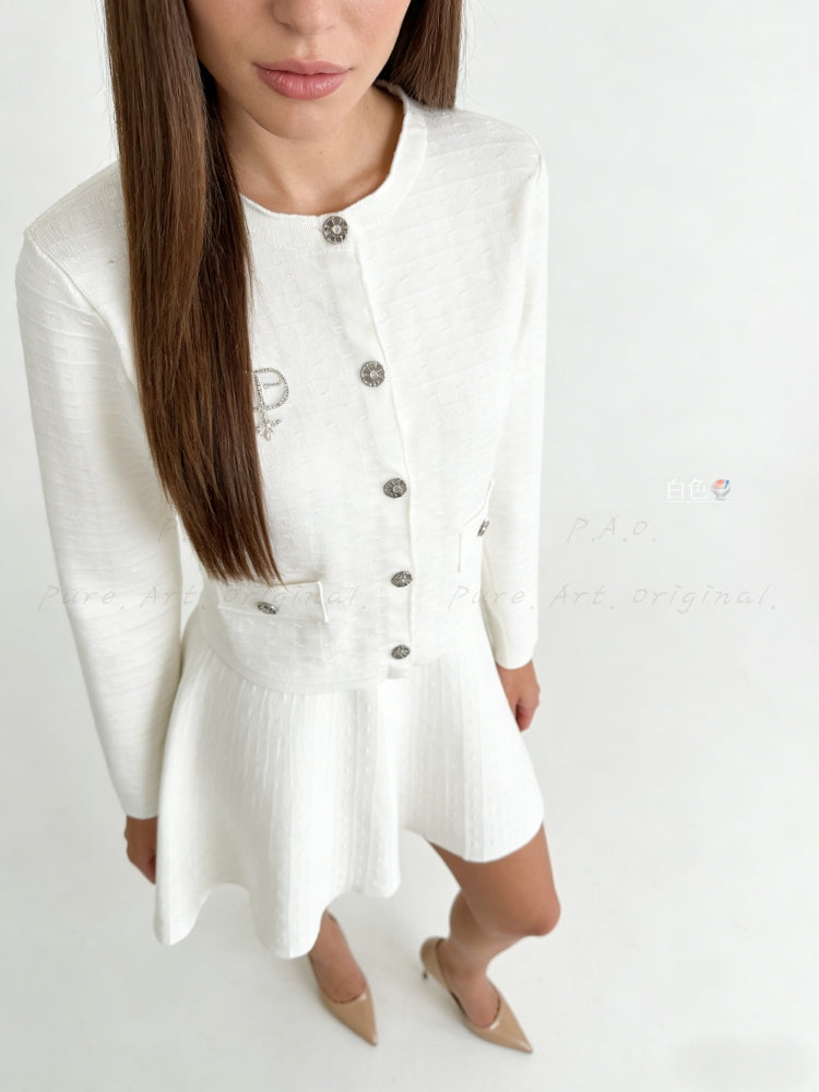 Rhinestone Brooch Jacquard Knit Cardigan & Waist-Defining Mini Skirt Two-Piece Set