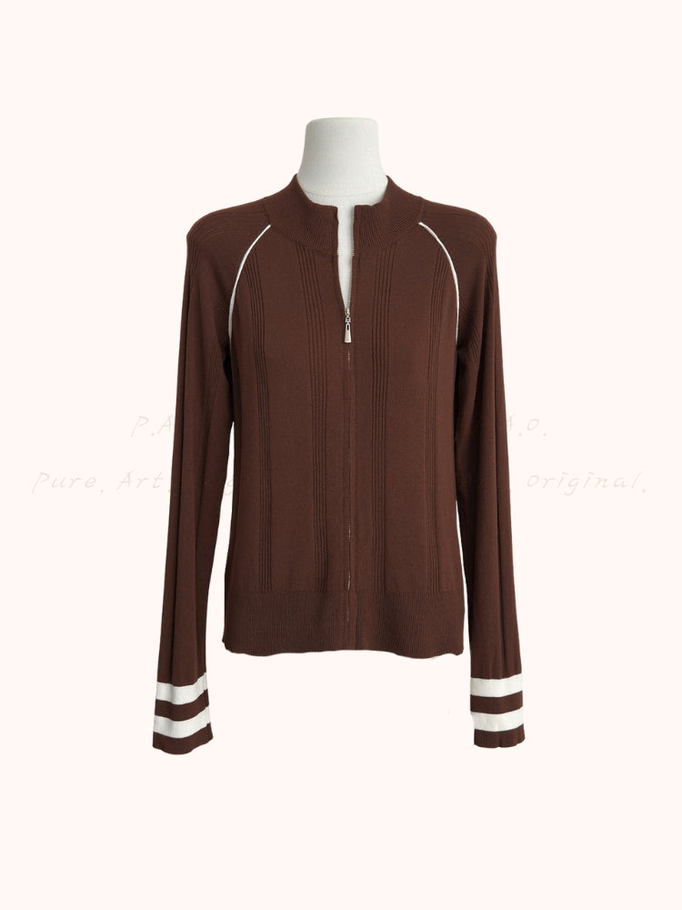 Vintage Contrast-Trim Zip Knit Cardigan