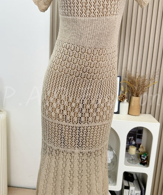 Open-Knit Cinched Waist Maxi Dress[Available Now]