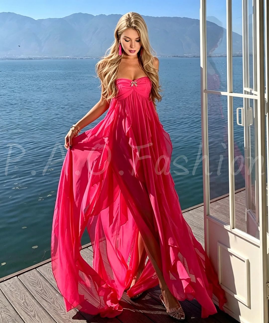 Rhinestone Bow Bandeau Ruffle Slit Chiffon Maxi Dress