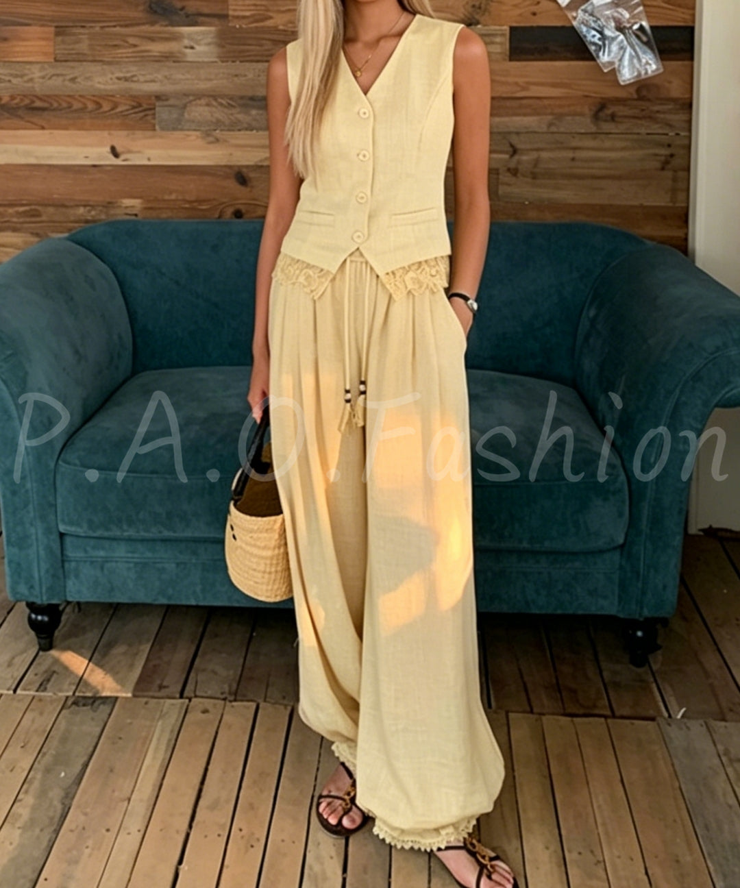 Bohemian Lace Trim Vest & Lantern Pants Set[Available Now]