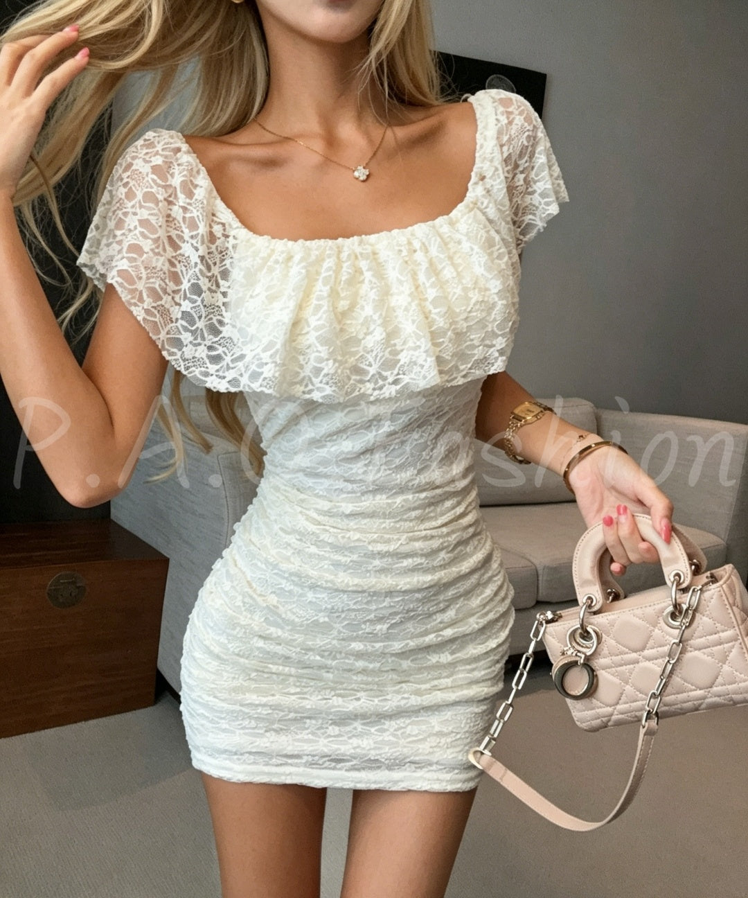 Convertible Off-Shoulder Lace Ruched Bodycon Mini Dress