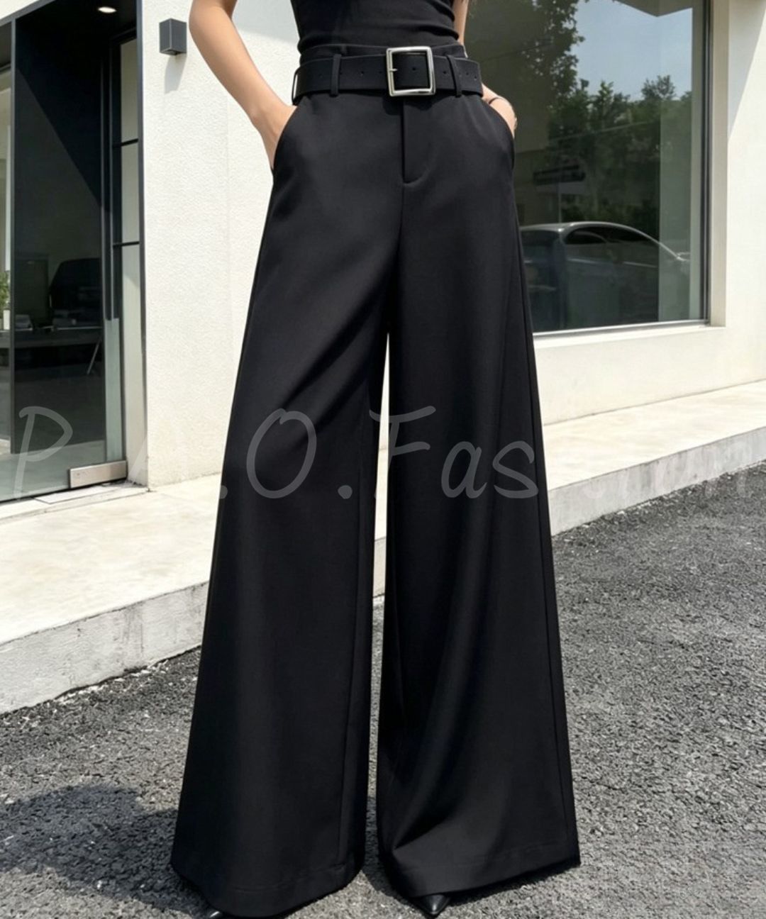 High Waist Draped Wide Leg Suit Pants with Belt