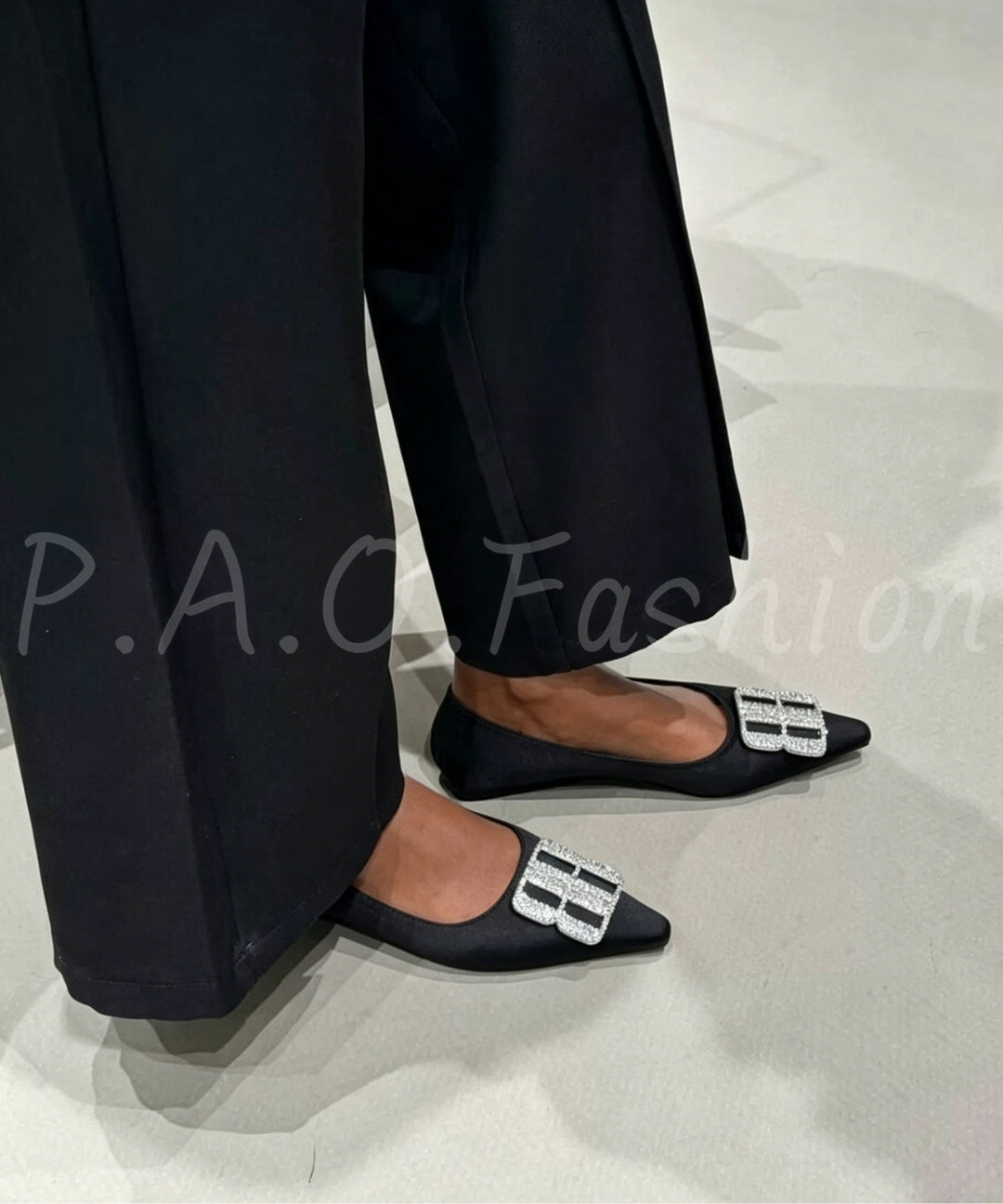 Pointed-Toe Satin Flats with Rhinestone Buckle