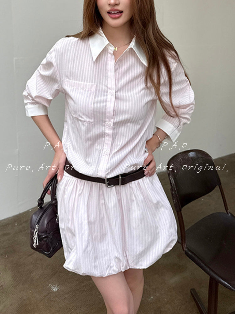 Blush Stripe Bubble Hem Shirt Dress