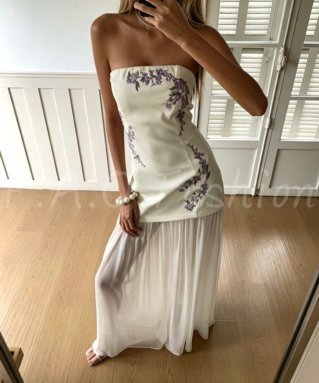 Wisteria Embroidered Strapless Pleated Chiffon Maxi Dress