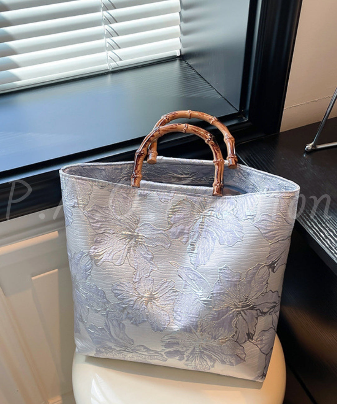 Floral Jacquard Bamboo Handle Tote Bag