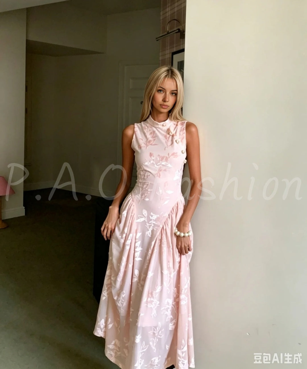 Lily Jacquard Mandarin Collar Sleeveless Maxi Dress