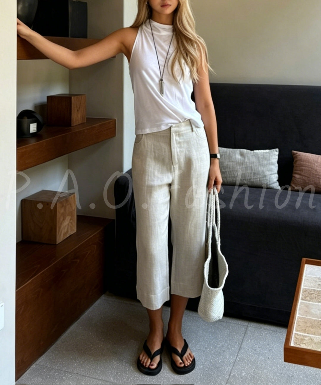 Lyocell Linen Blend Cropped Straight-Leg Pants