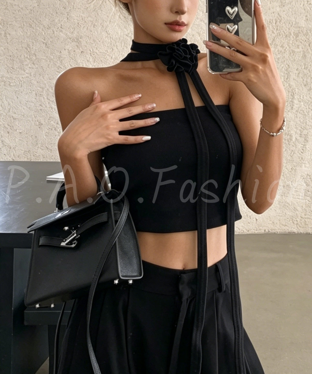 Rose Halter Rib-Knit Bandeau Top