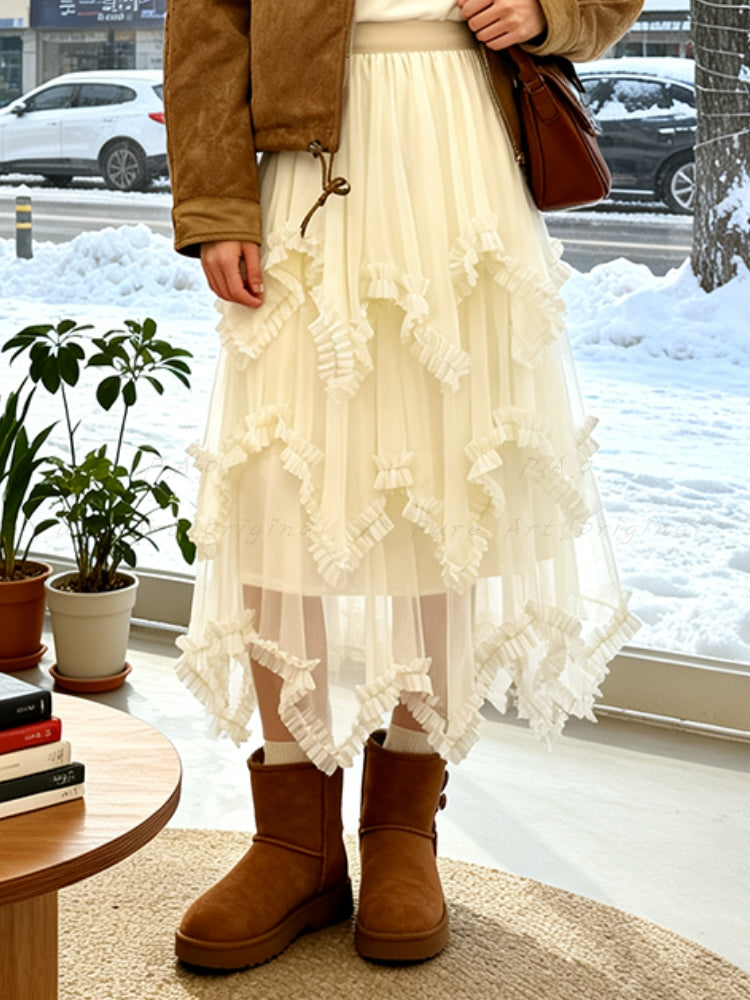 Ruffled Mesh Panel Midi Skirt