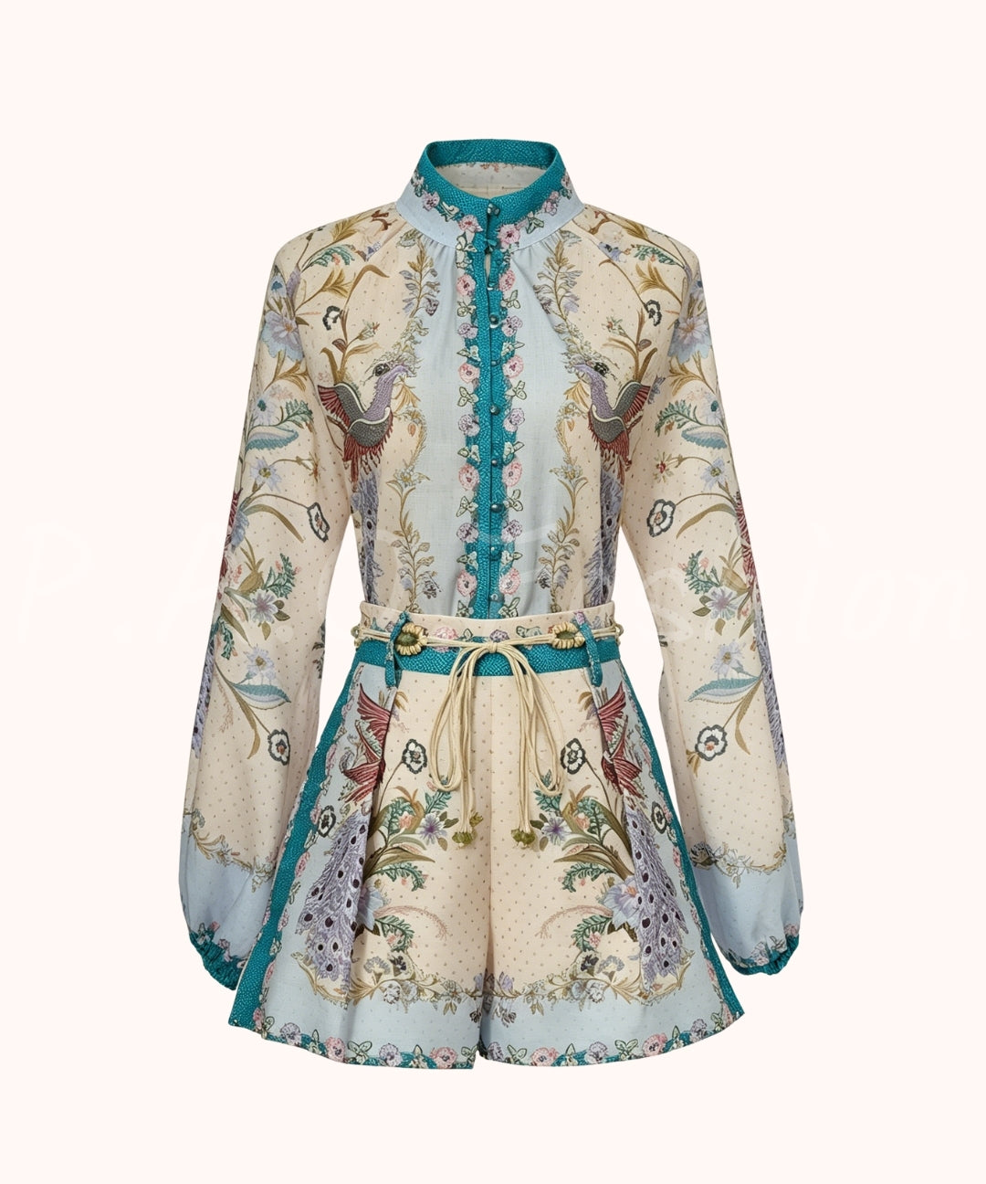 Vintage Floral High Neck Shirt & Shorts Set[Available Now]