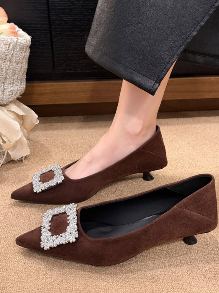French-Style Pointed-Toe Suede Mid-Heel Shoes with Rhinestone Detail