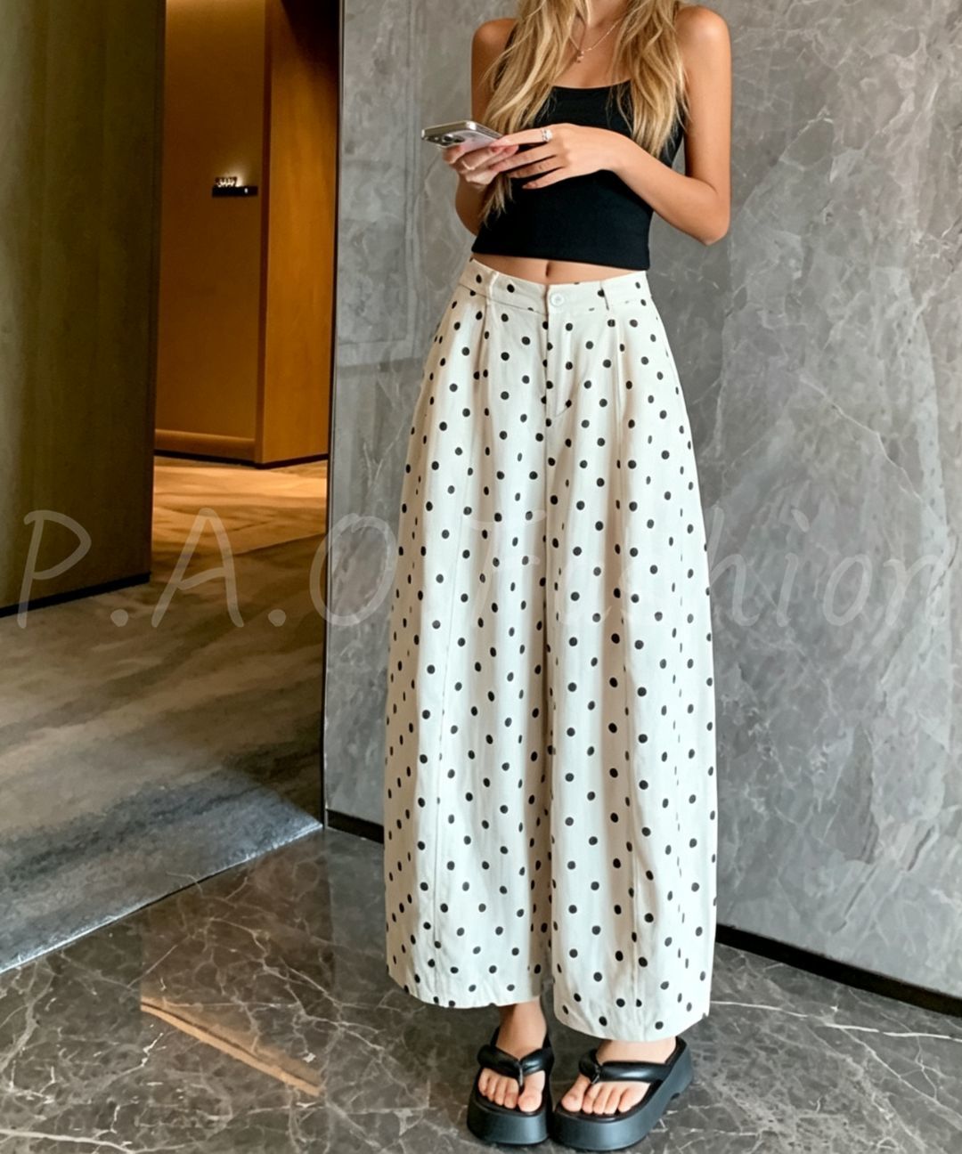 Vintage Polka Dot Linen Blend Cropped Wide-Leg Pants