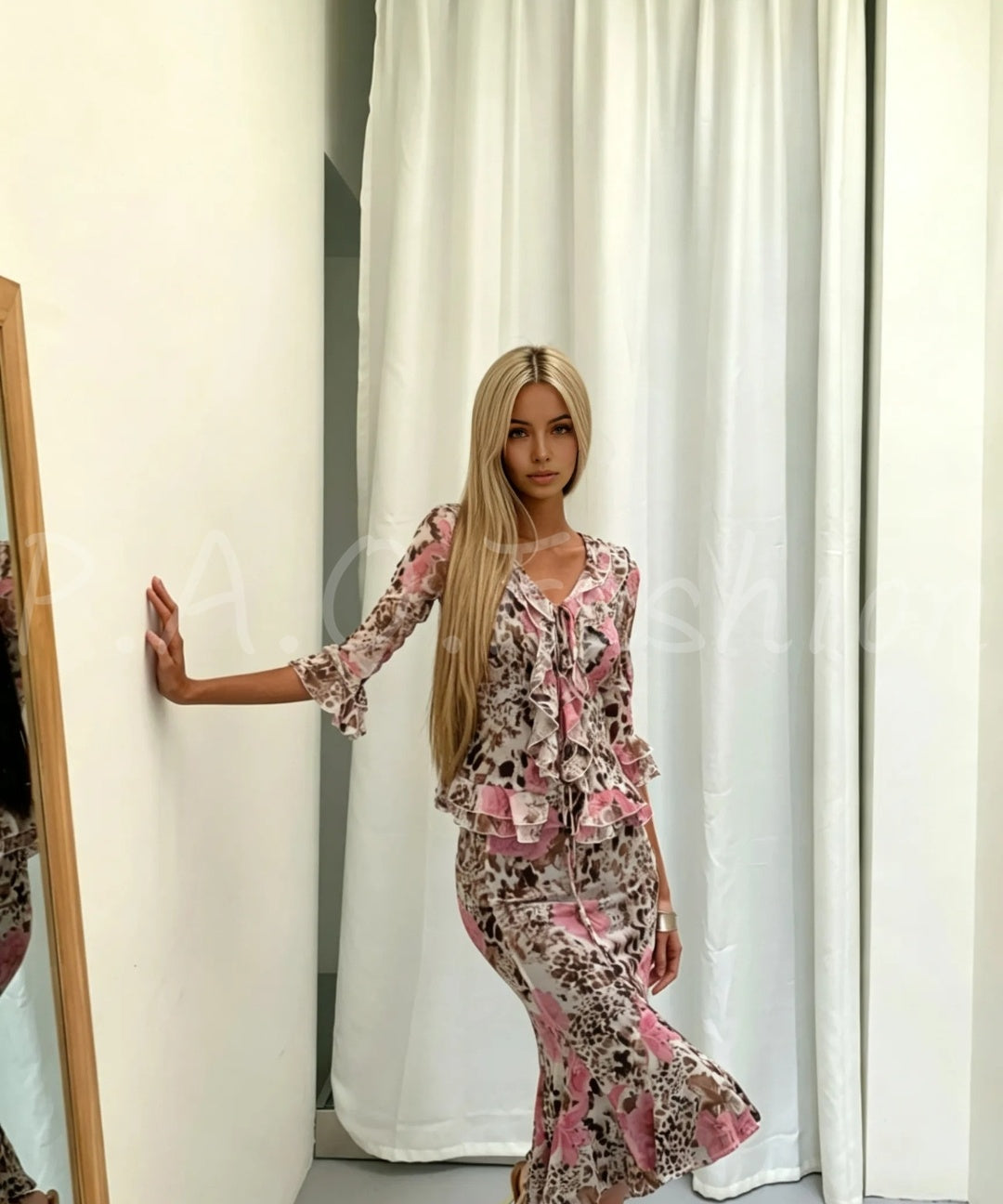 Floral Leopard Print Ruffle Tie Cardigan & Mermaid Midi Skirt Two-Piece Set