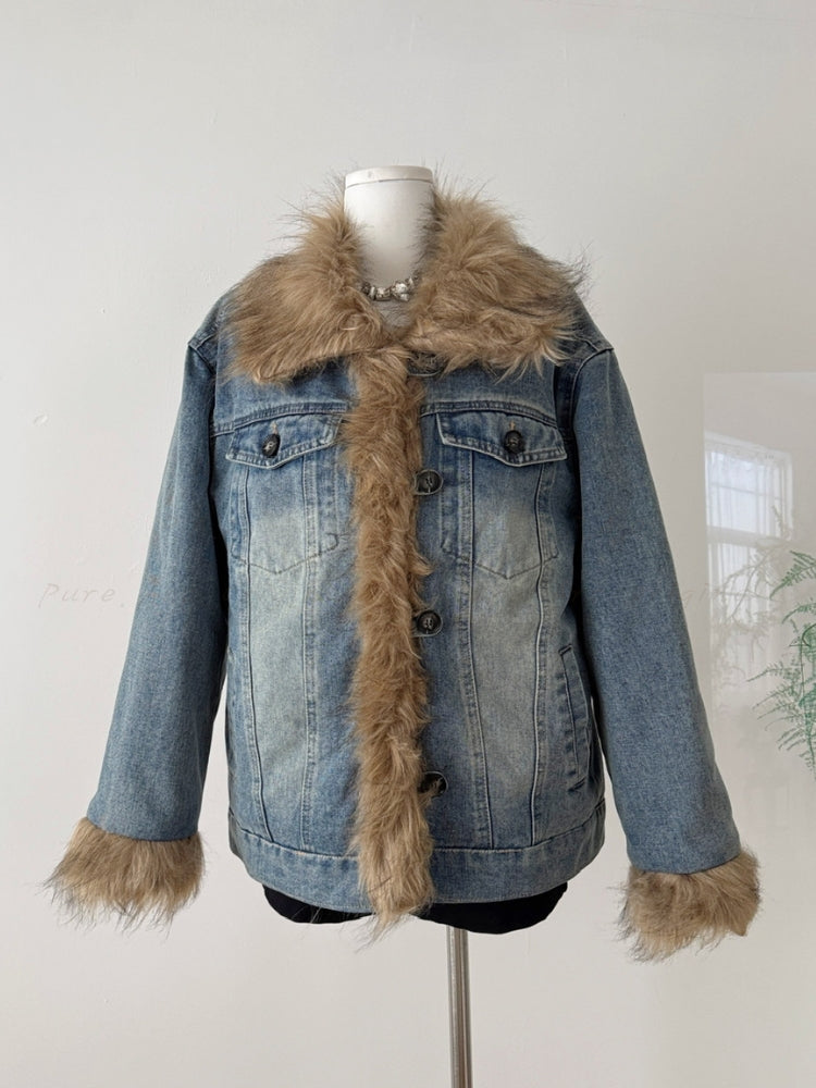 Washed Denim Faux-Fur Patchwork Puffer Jacket